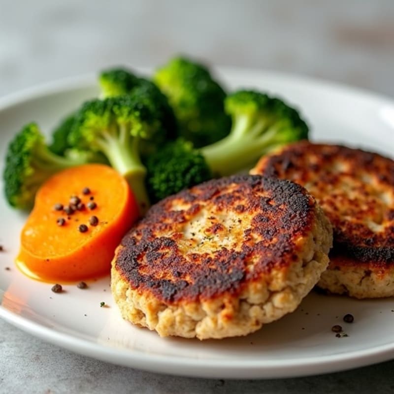Seared Turkey Patties with Roasted Sweet Potatoes and Steamed Broccoli