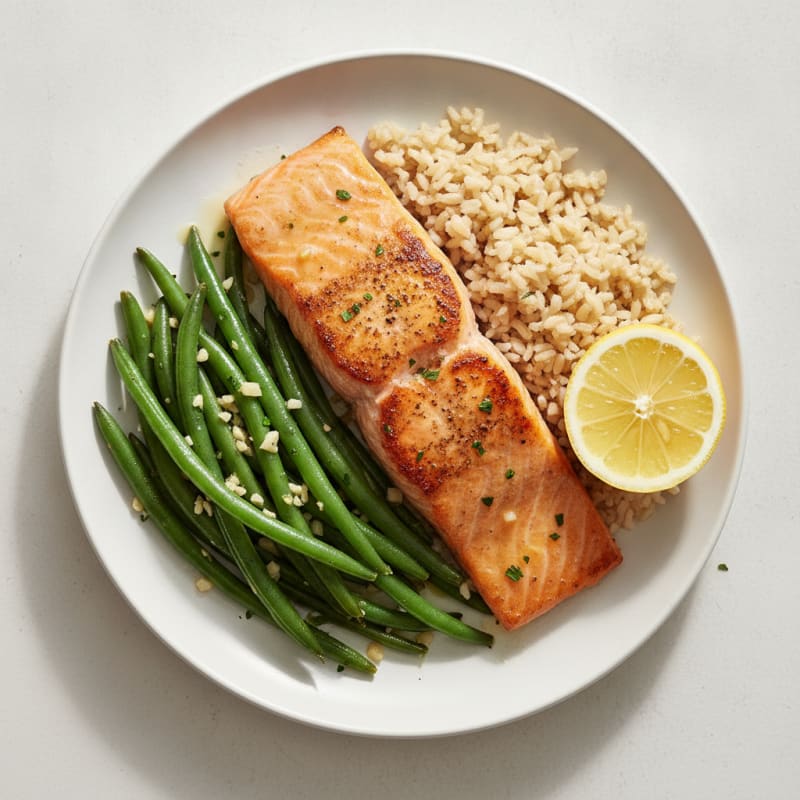 Seared Salmon with Garlic Green Beans and Brown Rice