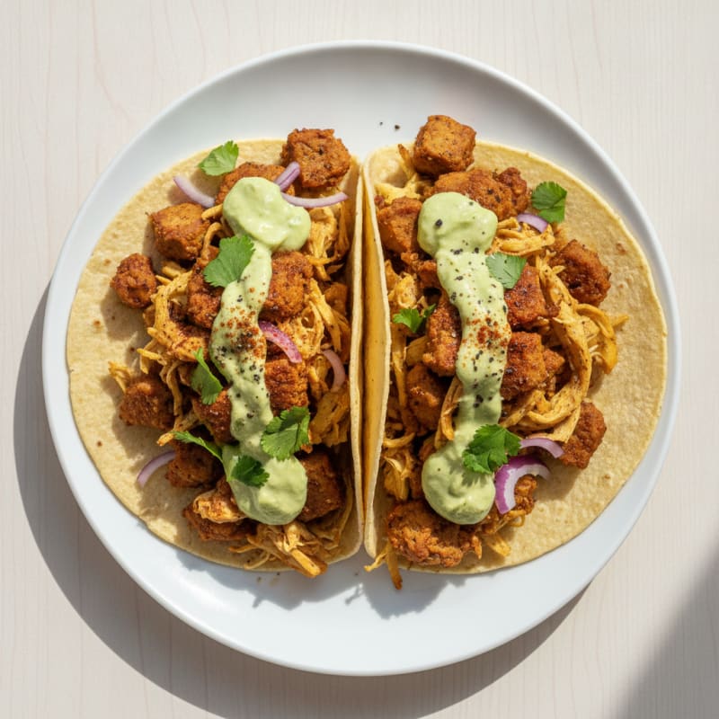 Jackfruit and Seitan Carnitas Tacos with Avocado Crema