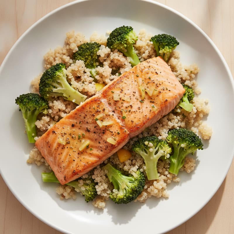 Grilled Salmon Fillet with Steamed Broccoli and Quinoa