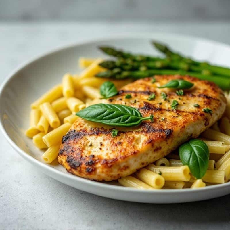Chicken Pesto Pasta with Roasted Asparagus