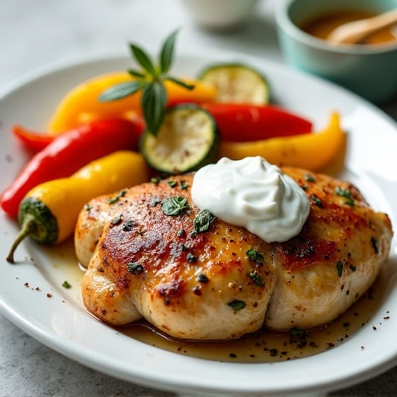 Herb-Marinated Roasted Chicken with Creamy Yogurt Sauce and Roasted Vegetables