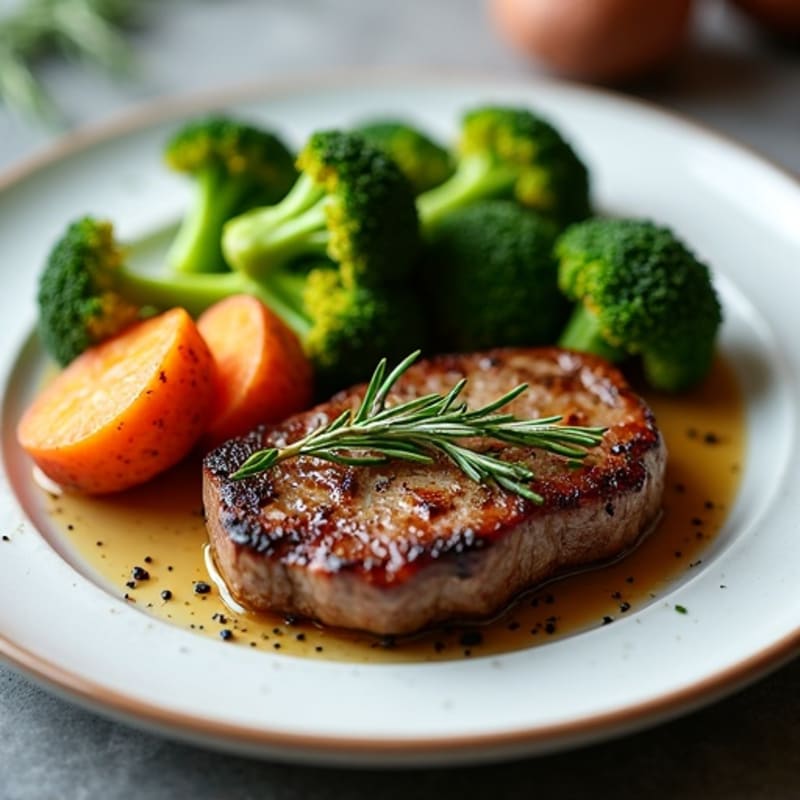 Garlic Herb Pan-Seared Steak with Roasted Broccoli and Sweet Potato