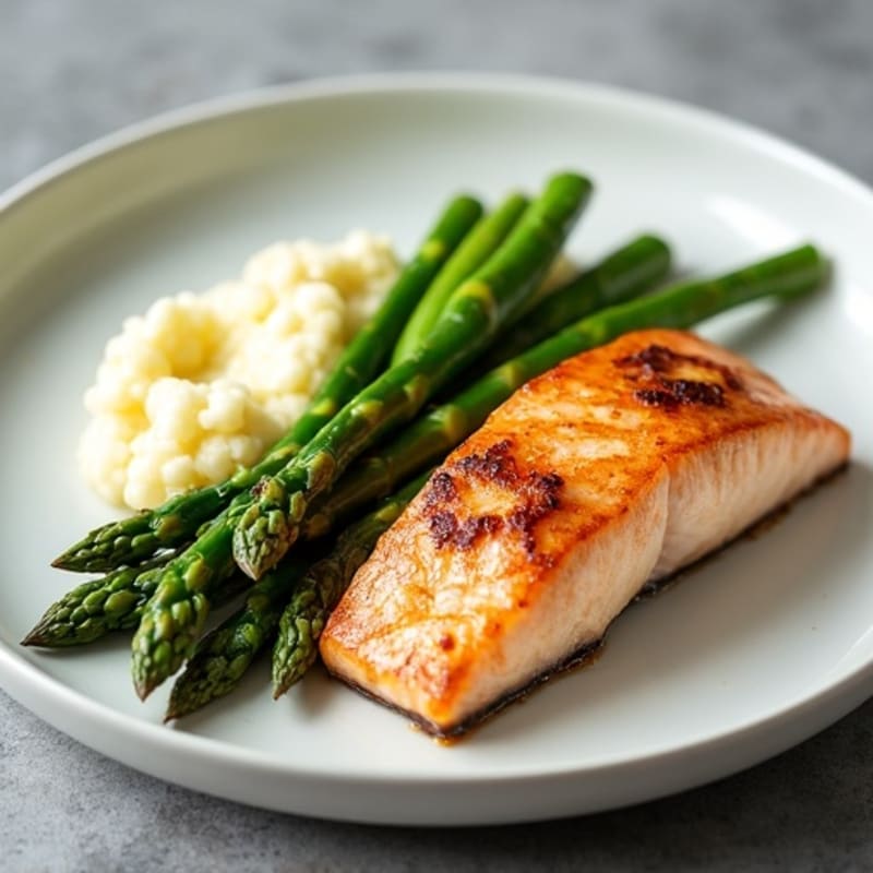 Seared Salmon with Steamed Asparagus and Cauliflower Mash