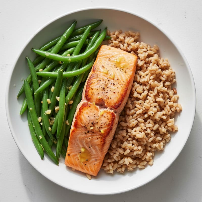 Pan-Seared Salmon with Garlic Green Beans and Brown Rice