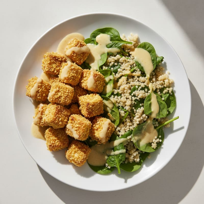 Crispy Tofu and Quinoa Salad with Lemon-Tahini Dressing