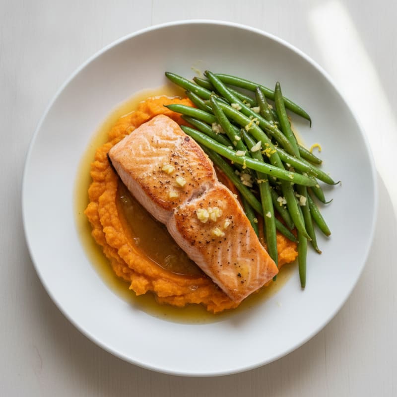 Seared Salmon with Garlic Green Beans and Sweet Potato Mash