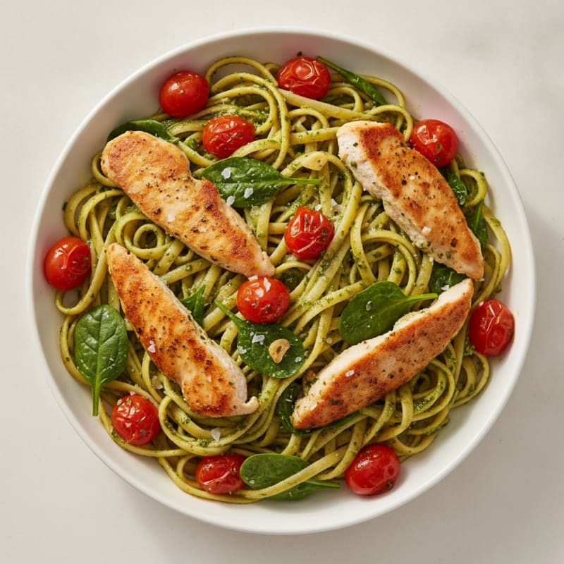 Pesto Chicken Linguine with Blistered Tomatoes