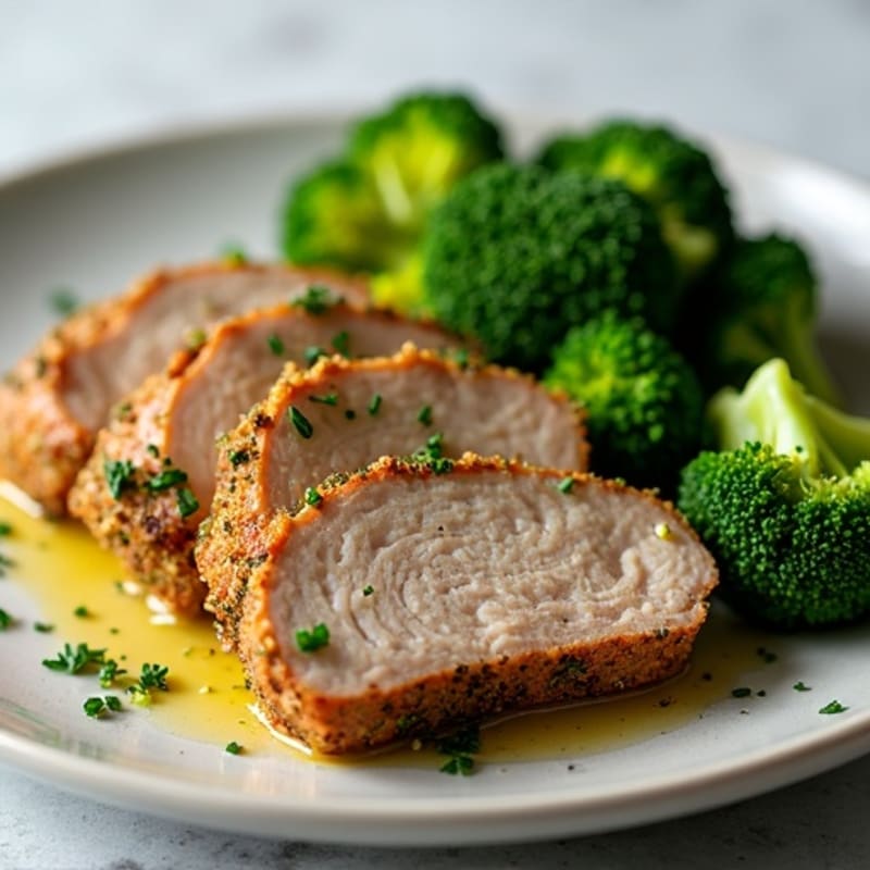 Herb-Crusted Pork Tenderloin with Garlic Broccoli