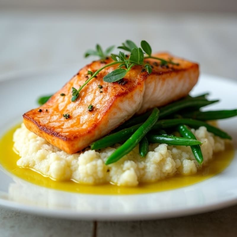 Seared Salmon with Garlic Green Beans and Cauliflower Mash