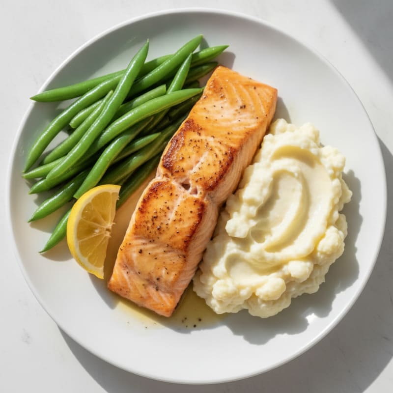 Seared Salmon with Steamed Green Beans and Garlic Mashed Cauliflower