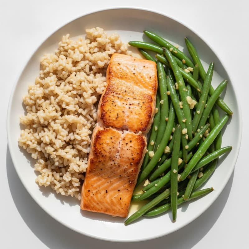Seared Salmon with Garlic Green Beans and Brown Rice