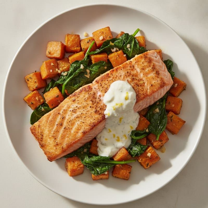 Seared Salmon with Herb-Roasted Sweet Potatoes and Wilted Spinach