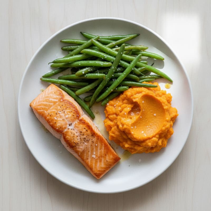 Seared Salmon with Garlic Green Beans and Sweet Potato Mash