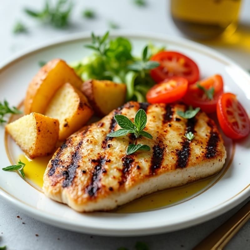 Grilled Escalope with Roasted Potato and Steamed Vegetables