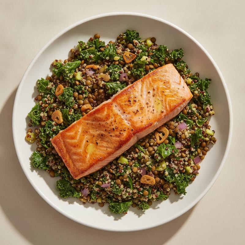 Seared Salmon with Lentil and Kale Pilaf