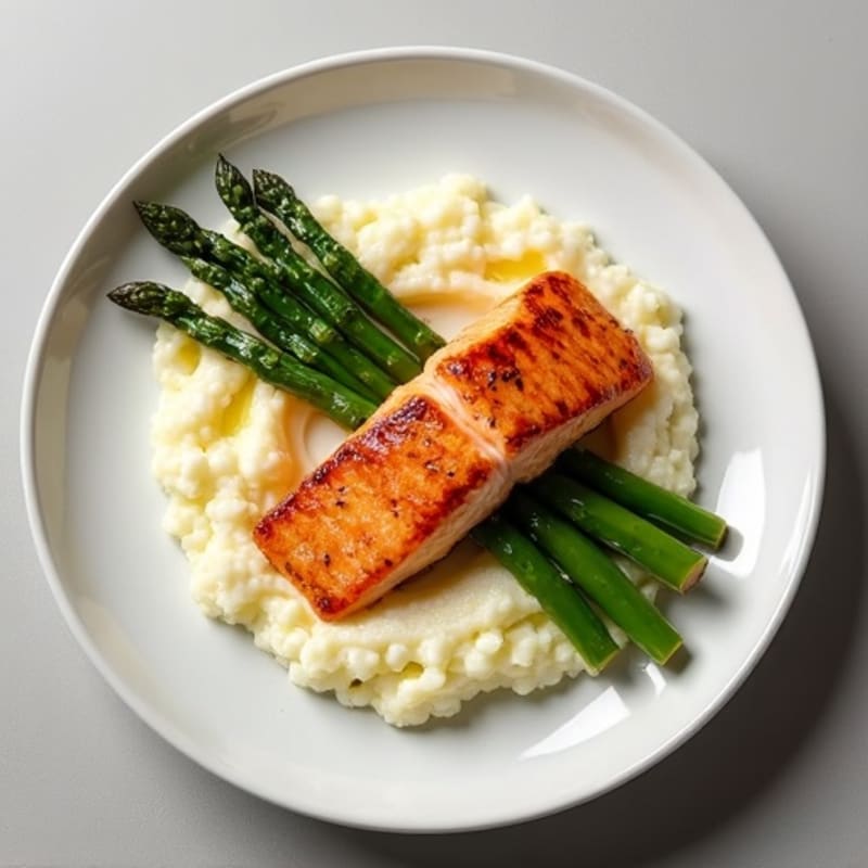 Seared Salmon with Steamed Asparagus and Cauliflower Mash
