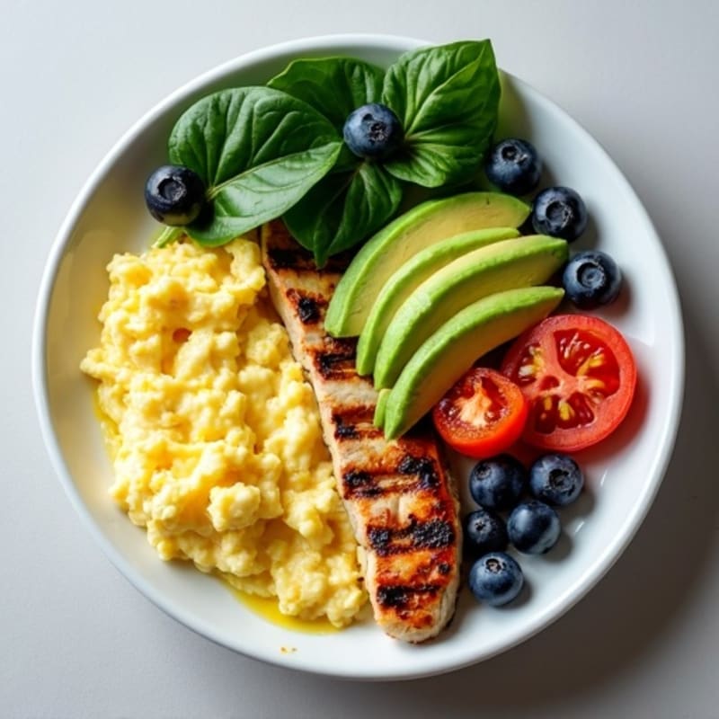 Scrambled Egg Whites with Sautéed Spinach and Grilled Chicken Breast
