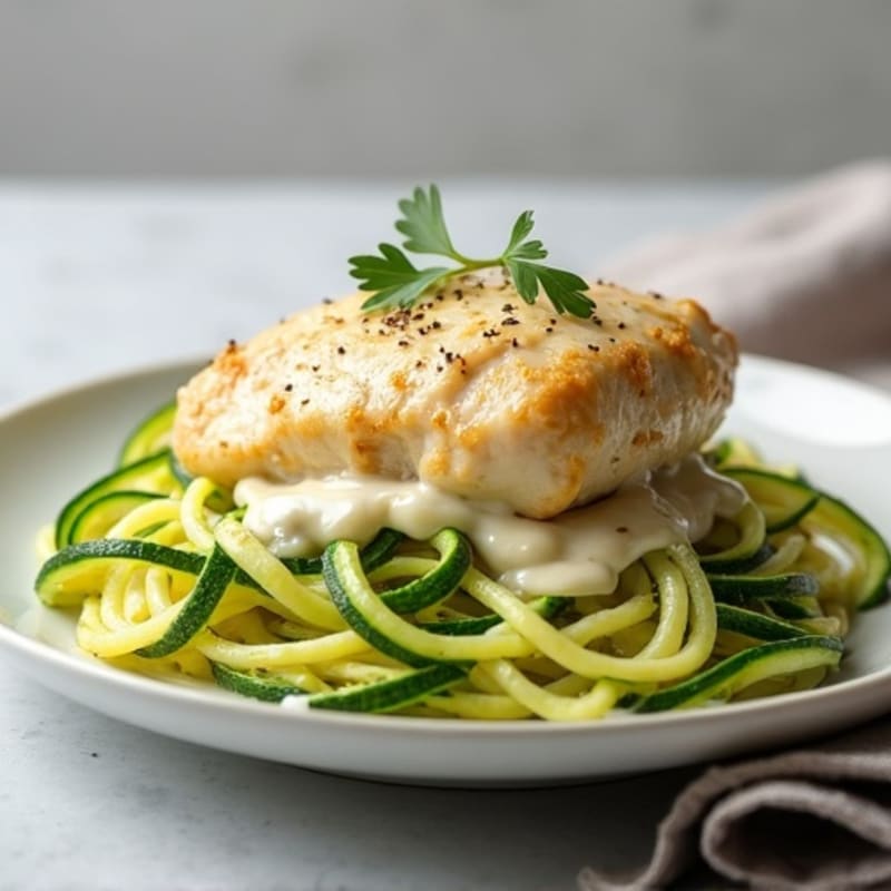 Creamy Cauliflower Alfredo Chicken with Zucchini Noodles