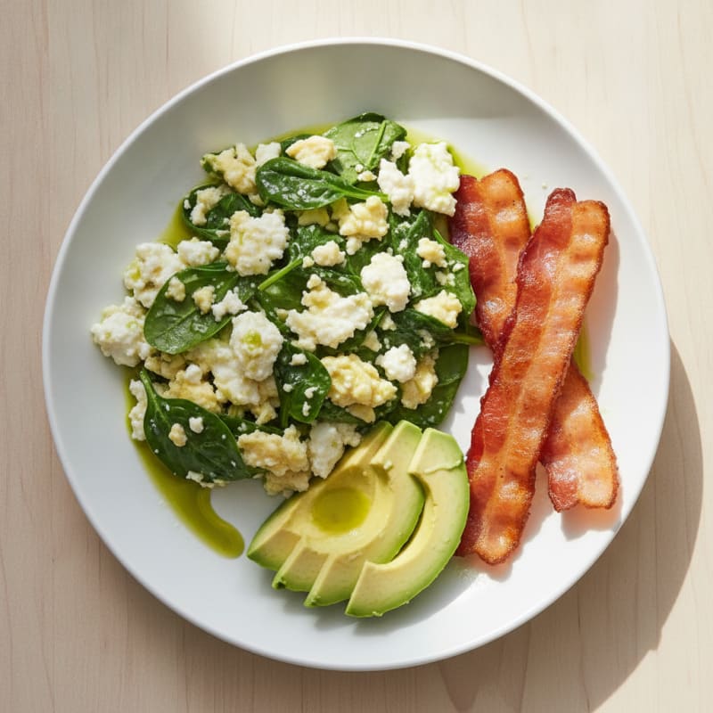 Cottage Cheese Scramble with Spinach and Turkey Bacon
