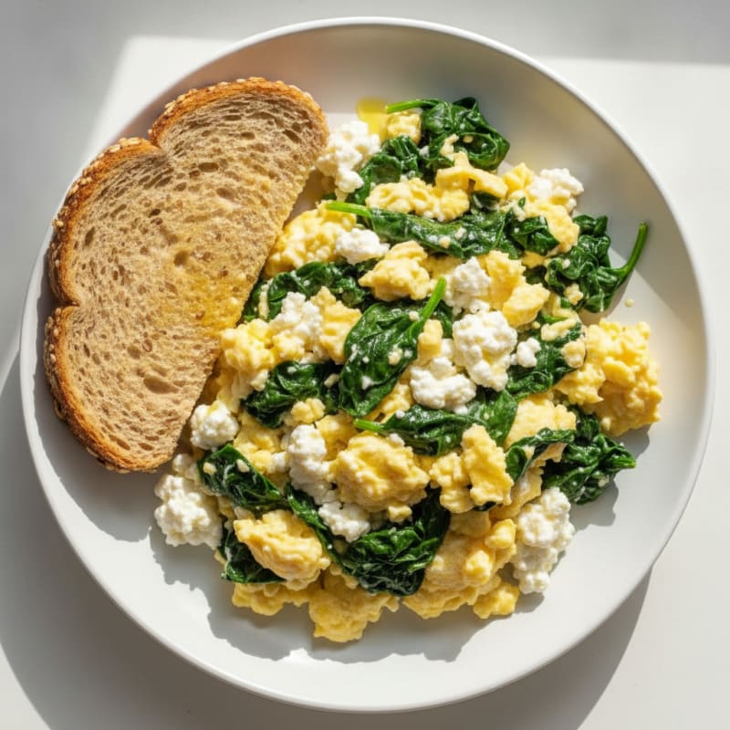Scrambled Eggs with Cottage Cheese and Sautéed Spinach