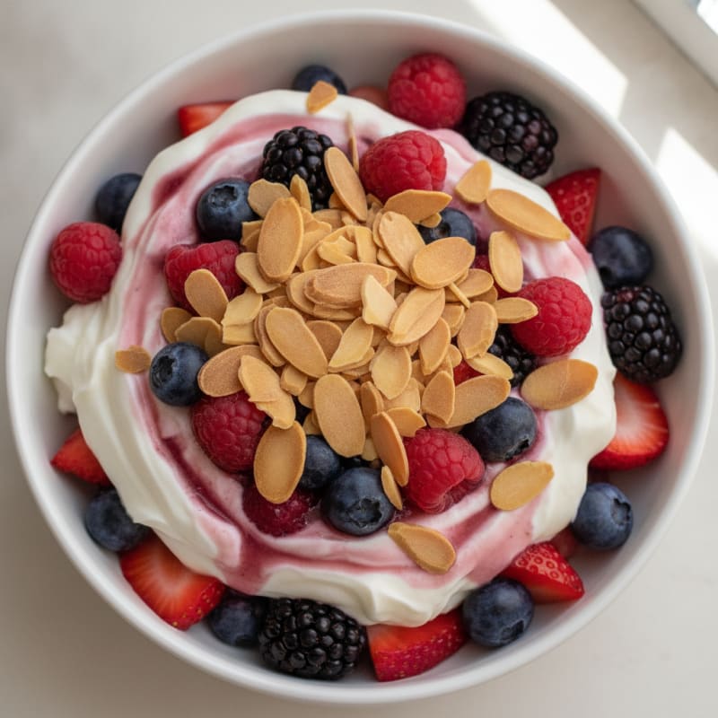 Greek Yogurt Protein Parfait with Mixed Berries and Almonds