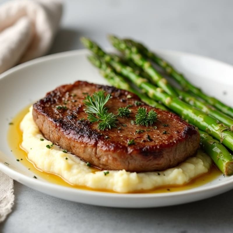 Pan-Seared Lean Steak with Creamy Garlic Herb Mashed Potatoes and Roasted Asparagus