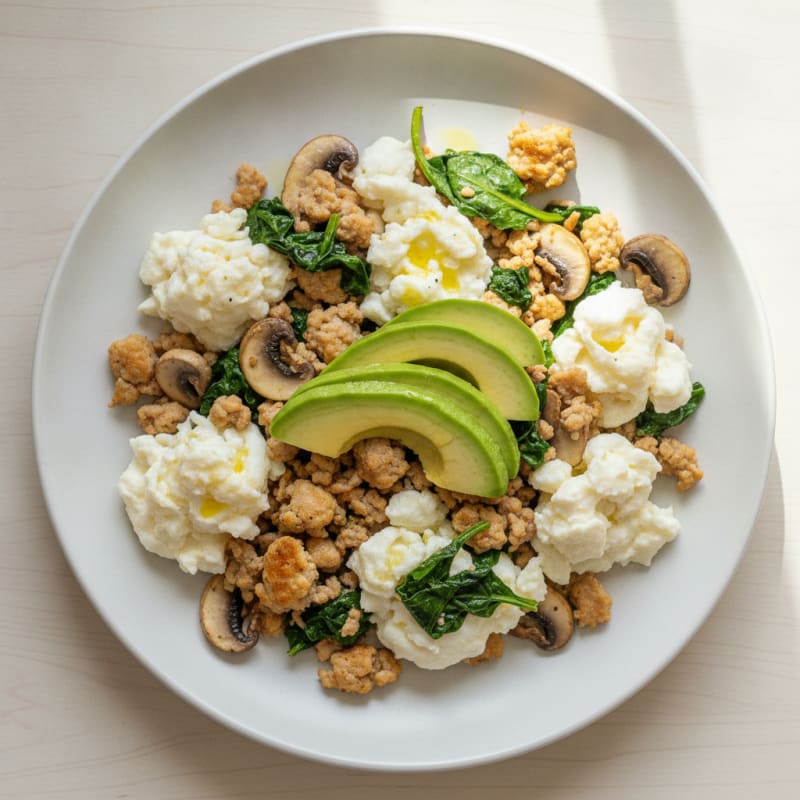 Egg White and Turkey Spinach Scramble with Sautéed Mushrooms