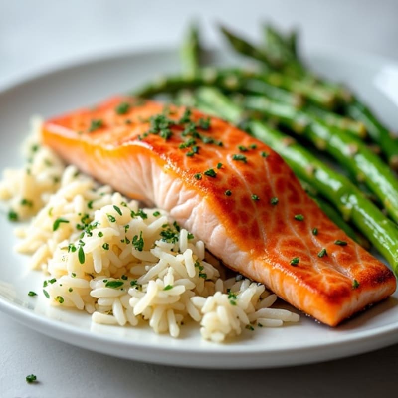 Seared Salmon with Steamed Rice and Asparagus