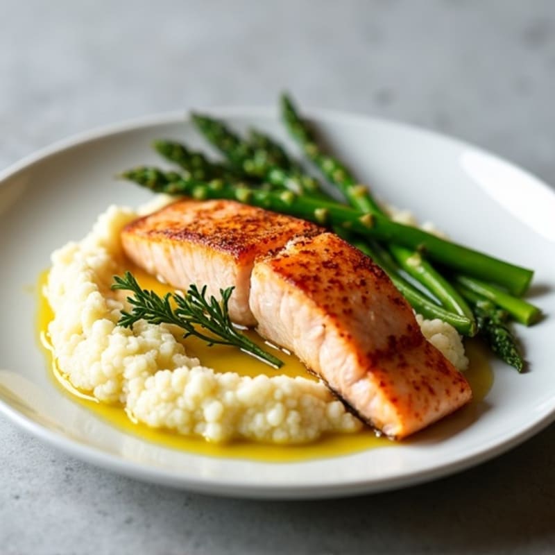 Seared Salmon Fillet with Steamed Asparagus and Cauliflower Mash