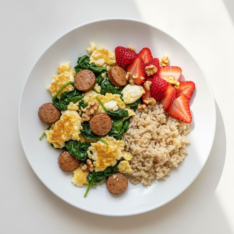 Egg White and Turkey Sausage Scramble with Spinach and Sliced Strawberries