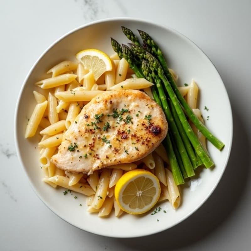 Creamy Lemon Garlic Chicken Pasta with Roasted Asparagus