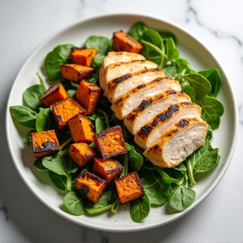 Peppery Arugula Salad with Lemon-Herb Grilled Chicken and Roasted Sweet Potatoes