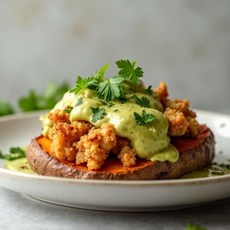 Loaded Sweet Potato with Crispy Chicken and Creamy Avocado Sauce