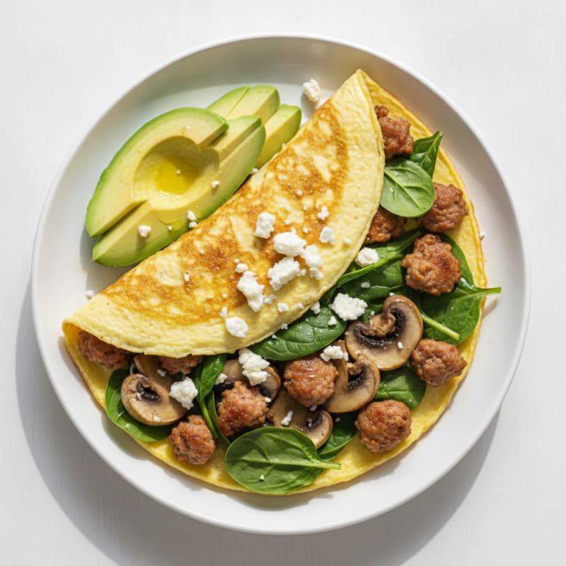 Egg White Spinach Omelette with Turkey Sausage and Sautéed Mushrooms