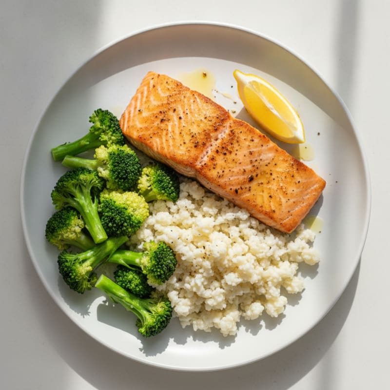 Seared Salmon with Steamed Broccoli and Cauliflower Rice