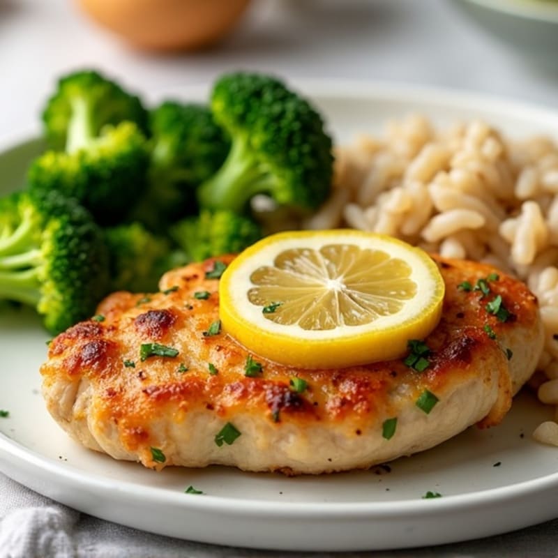 Oven-Baked Lemon Garlic Chicken Breast with Steamed Broccoli and Brown Rice
