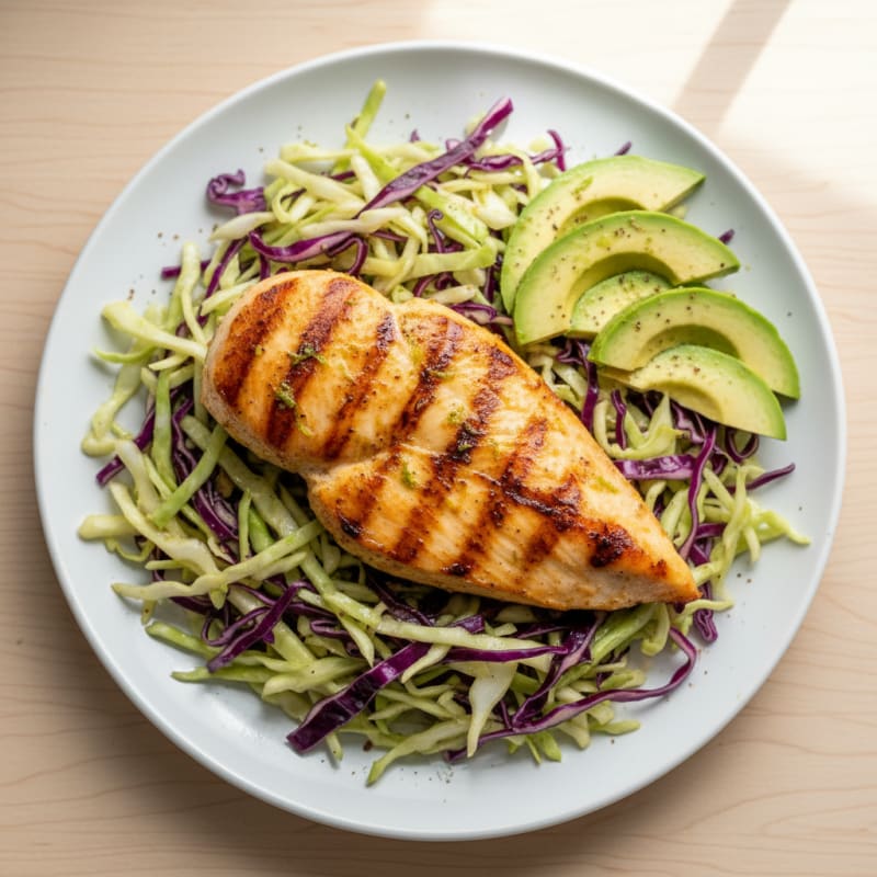 Grilled Chicken Breast with Crunchy Cabbage Slaw and Avocado