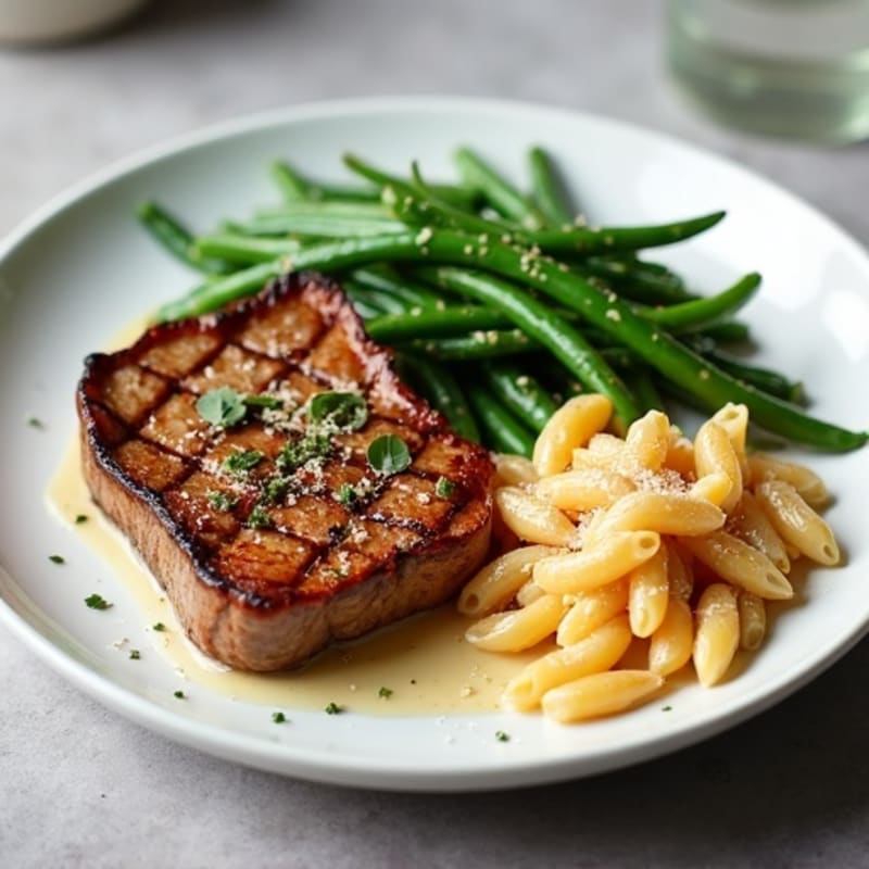 Pan-Seared Steak with Crispy Roasted Green Beans and Creamy Cheesy Whole Wheat Pasta