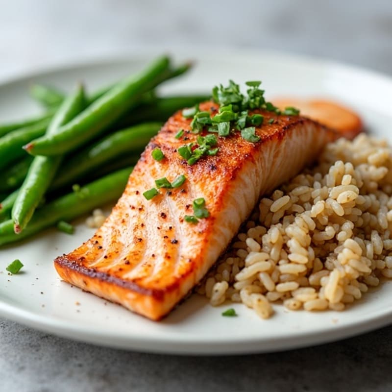 Seared Salmon with Garlic Green Beans and Brown Rice