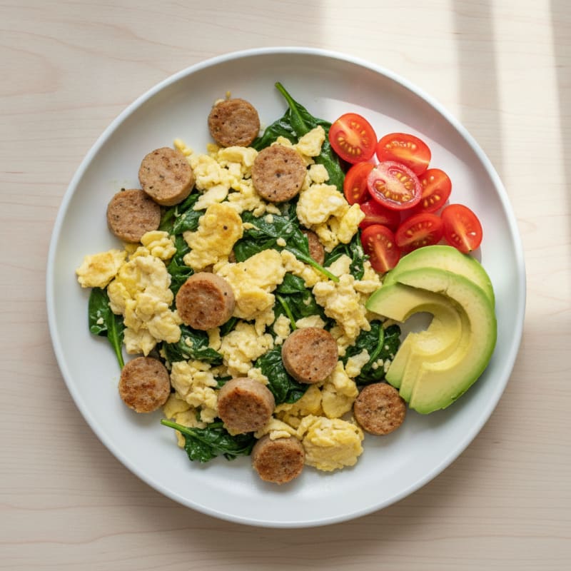 Scrambled Eggs with Turkey Sausage and Sautéed Spinach