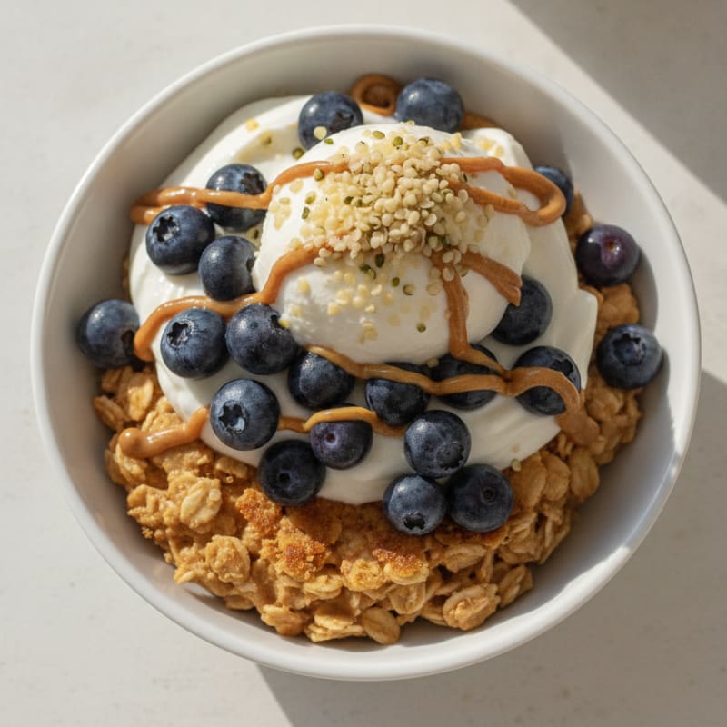 Greek Yogurt Parfait with Peanut Butter Oatmeal and Fresh Berries