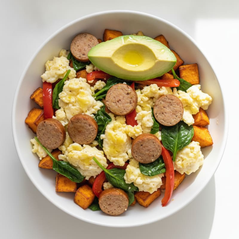 Scrambled Egg White and Chicken Sausage Bowl with Roasted Sweet Potato