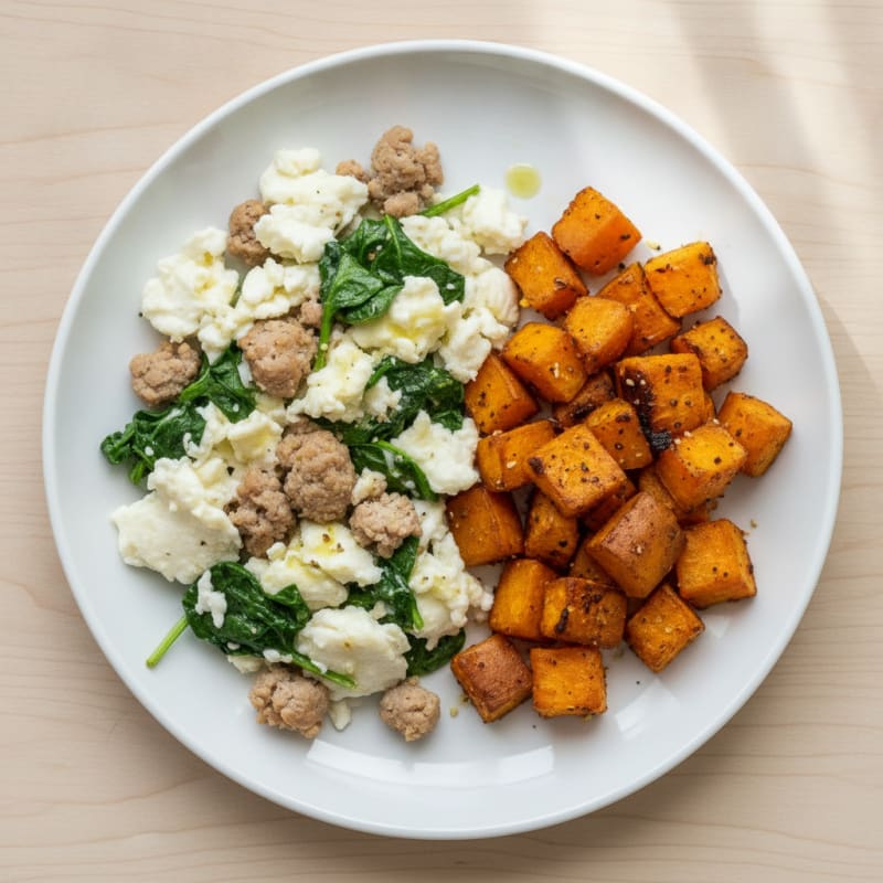 Egg White and Turkey Spinach Scramble with Roasted Sweet Potatoes