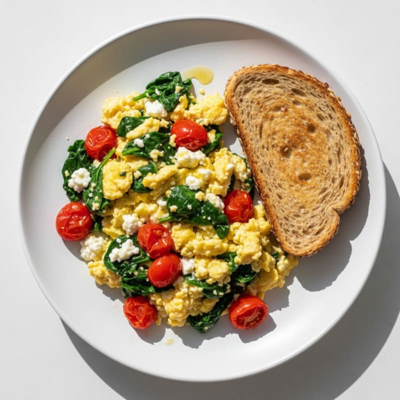 Cottage Cheese Egg Scramble with Spinach and Cherry Tomatoes