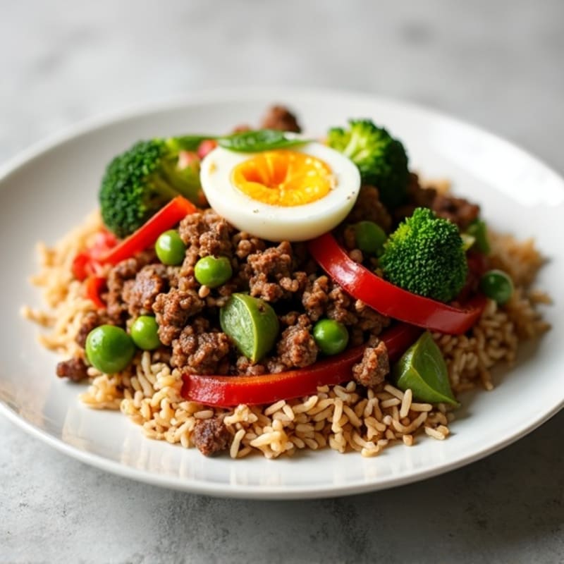 Lean Ground Beef and Crispy Vegetable Stir-Fry with Rice