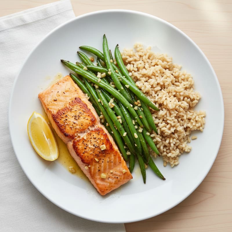 Seared Salmon with Garlic Green Beans and Brown Rice