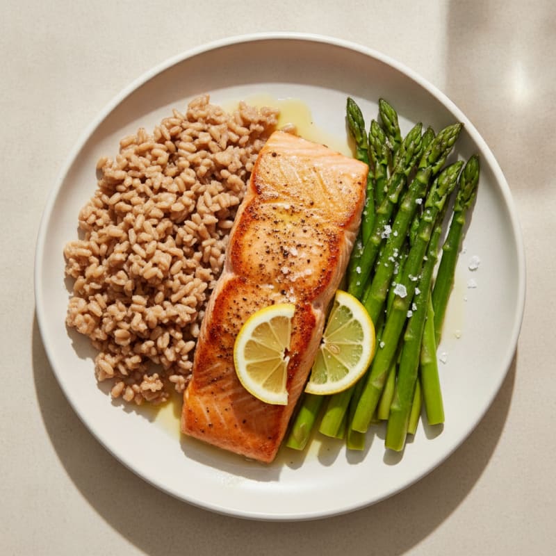 Seared Salmon with Steamed Asparagus and Brown Rice
