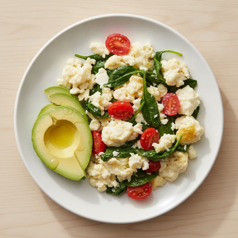 Egg White Spinach Scramble with Cherry Tomatoes