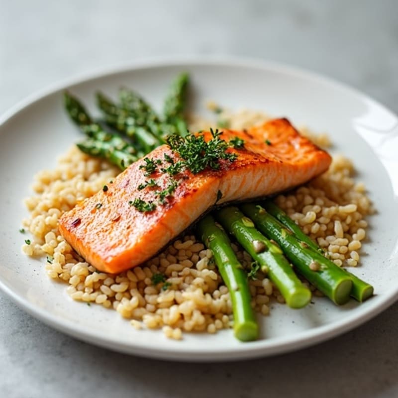 Seared Salmon Fillet with Steamed Asparagus and Brown Rice